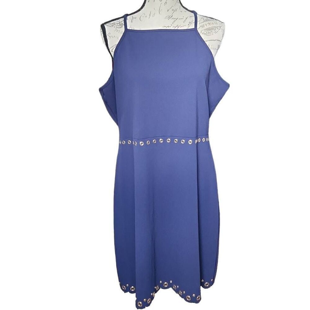 Michael Kors Ladies Size XL Navy Gold Grommets Scalloped Hem Sleeveless Dress